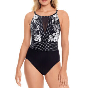 SWIM SOLUTIONS Black Tummy Control High Scoop Neck Mesh One Piece Swimsuit 8 NEW